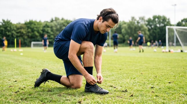 Young male soccer player tying shoelaces on grassy field during practice session with teammates in background
