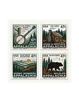 Vintage Appalachian Postage Stamp Set with Banjo Log Cabin Blue Ridge Mountains and Black Bear Engravings.