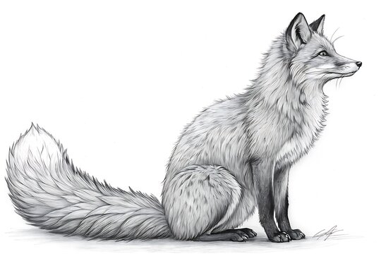 Sitting gray fox with bushy tail in natural pose
