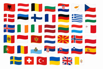 Obraz premium Set of Waving European National Flags, Europe Countries Flag Collection