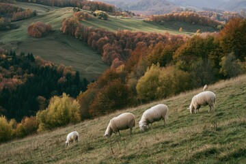 Fototapeta premium Farm Sheep Grazing in Scenic Autumn Landscape