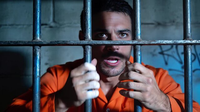 Male prisoner shouting and gripping steel bars in jail cell. Angry inmate in orange jumpsuit expressing frustration. Backward camera movement.