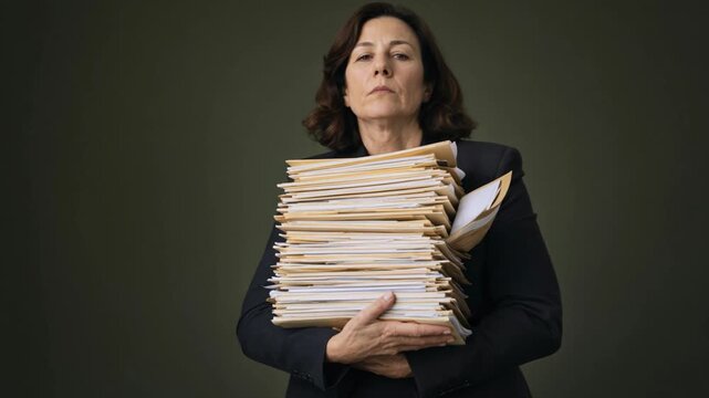 Businesswoman holding heavy stack of paper documents and files. Tired office worker with overwhelming paperwork on dark green background. Bureaucracy and workload concept
