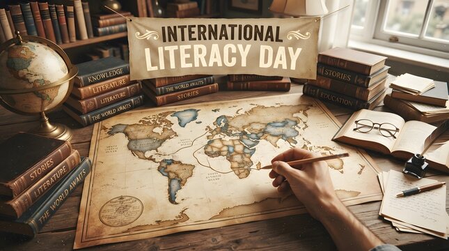 International literacy day concept with world map and books in a cozy setting