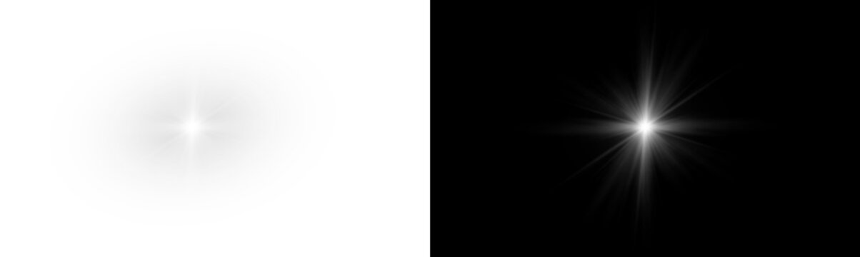 Isolated bright star light source with sharp radiating beams and soft halo, shown as cut out with no background. Strong white core creates clean accent for overlay design, branding, and decorative