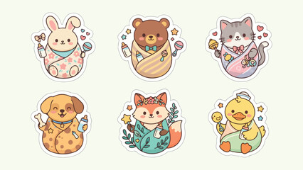 Fototapeta premium Cute Teddy Bear and Fox Animal Characters Sticker Set