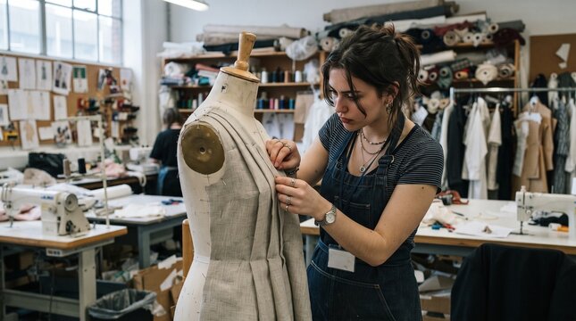 Fashion student working on a dress form in a design studio