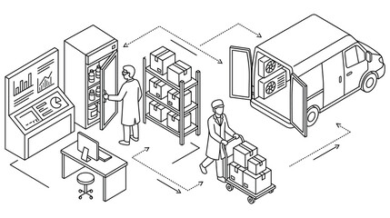 Fototapeta premium Medicine supply chain isometric vector outline illustration with medical worker delivering products.