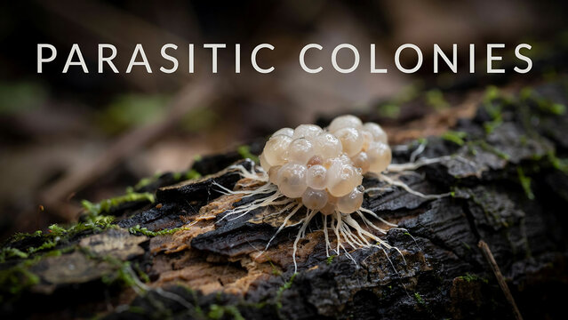 A cluster of translucent fungal or slime mold spores on rotting wood