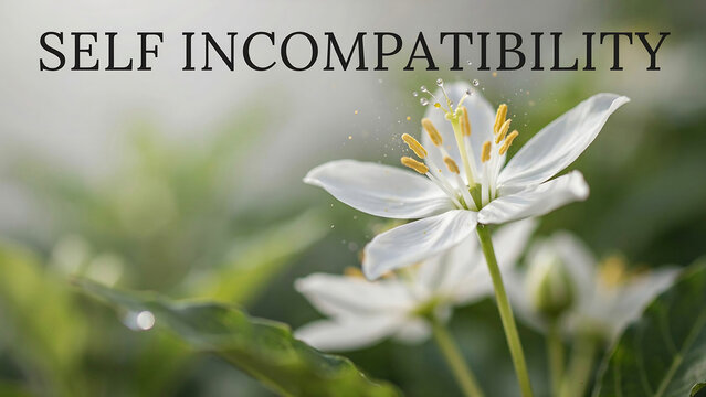 White spring flowers in nature with the text self incompatibility written above