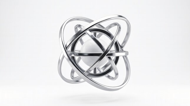 Abstract 3D Silver Atomic Structure Featuring Interlocking Metallic Rings Surrounding a Central Sphere on a Clean White Background
