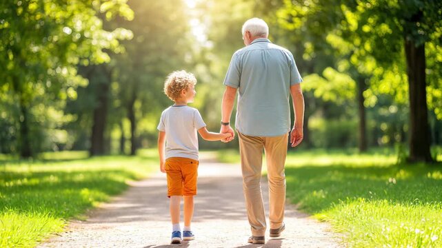 Grandfather and grandson walking hand in hand along park path. Senior man and young boy bonding during summer stroll in sunlit forest. Tracking shot.