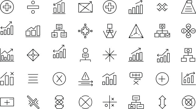 Business data analytics math finance line icon set featuring financial charts graphs statistics and corporate marketing strategy