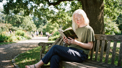 Fototapeta premium Young albino woman reading a book on a park bench