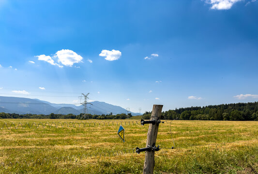 Electric fence post in open field with distant mountains. A wide view shows a wooden fence post in a field with electrical pylons and a mountain range under a clear sky.