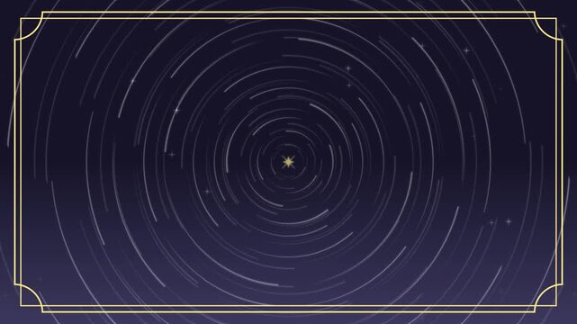 ネイビーブルーの夜空と星の軌跡が回転する金枠シームレスループ背景