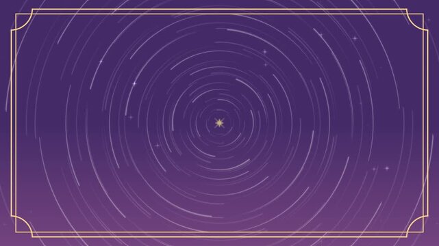 神秘的な紫色の夜空と星の軌跡が回転する金枠シームレスループ背景