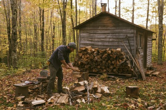 Man Preparing Firewood by Cabin in Autumn