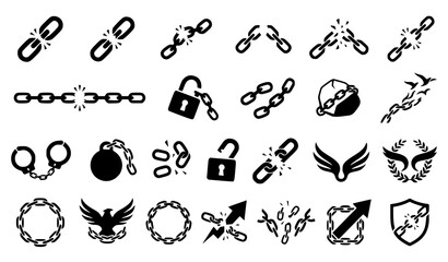 Fototapeta premium Minimal broken chain silhouette icons, freedom liberation and breakthrough vector set