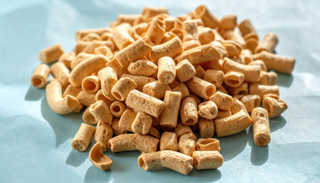 Pile of crunchy baked cereal puffs with a light brown texture and hollow cylindrical shape