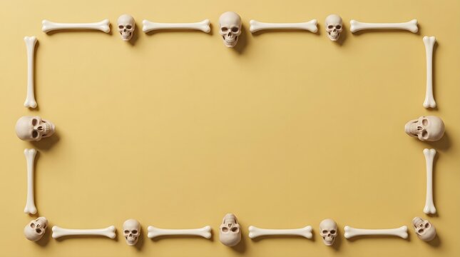 Rectangular frame made of human skulls and bones arranged on a solid light brown background for halloween