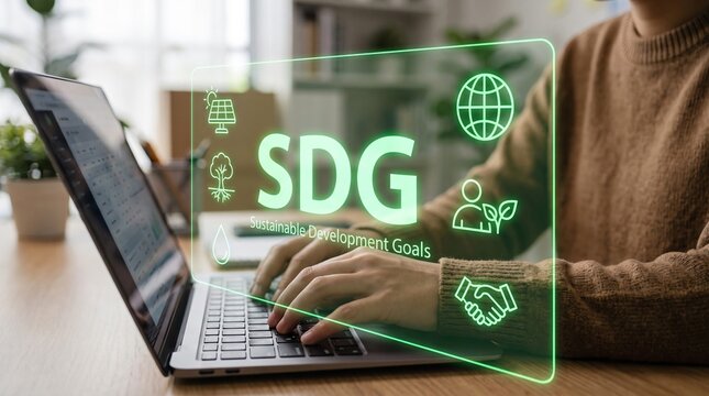 Person typing on laptop with green glowing sustainable development goals infographic display screen.