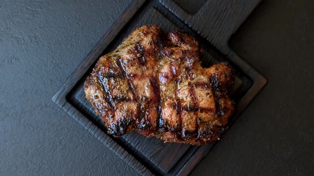Grilled beef or pork steak seasoned with salt and allspice. Grilled steak as a food background for your design