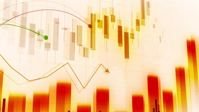 Financial chart background with rising bar graph and candlestick market data showing growth profit and upward trend animation