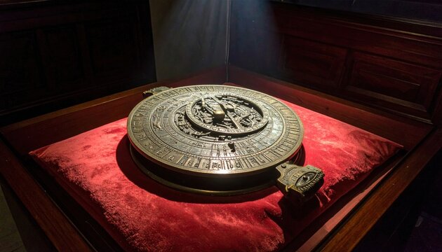 Intricate antique bronze astrolabe with complex circular dial displayed on red velvet cushion