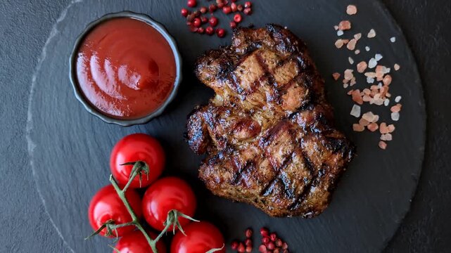Grilled beef or pork steak seasoned with salt and allspice. Grilled steak as a food background for your design