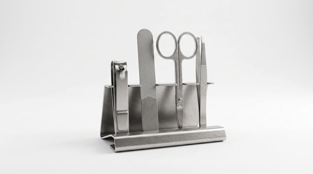 Stainless steel manicure tool set on white background
