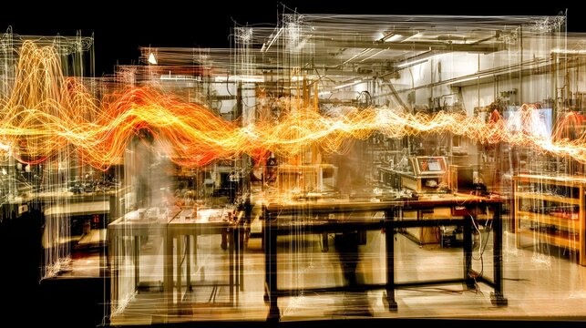 laboratory featuring luminous particle accelerators and holographic scientific visualizations in motion