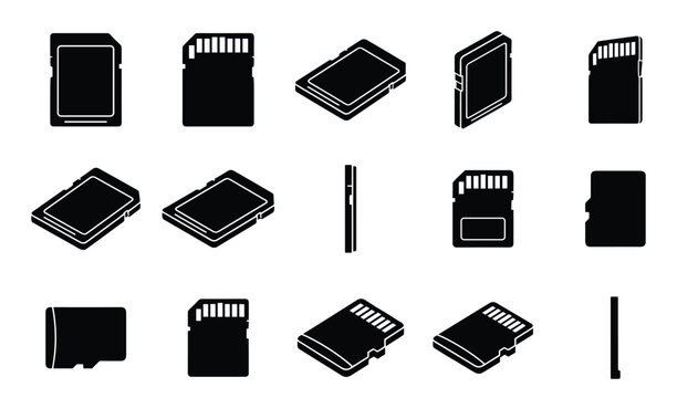 Collection of black memory card icons featuring flash storage and sd cards on transparent.