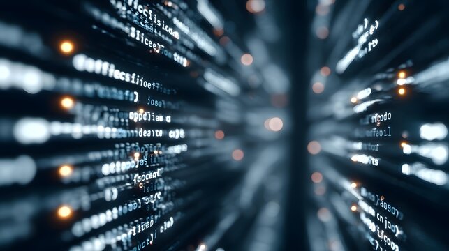 laboratory with transparent walls displaying flowing code and artificial intelligence analytics, dramatic lighting