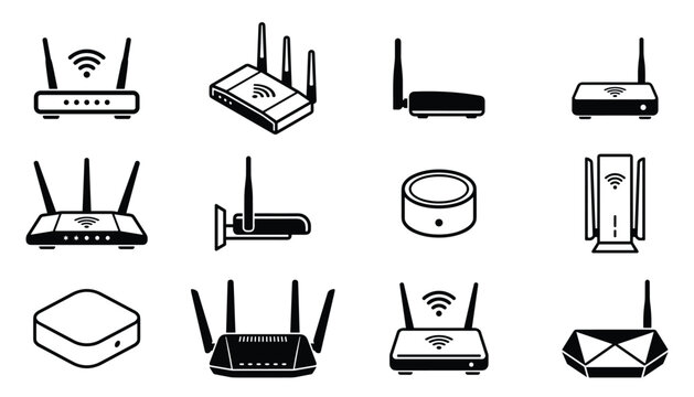 Wireless router icons display different networking hardware models with antenna signal lines.