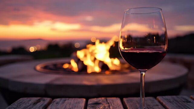 A glass of deep red wine sits before a warm, glowing fire pit at dusk