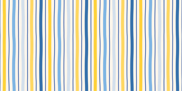 Blue and yellow irregular stripes seamless pattern. Summer Italian Mediterranean Sea lines print for textile, fabric and wallpaper. Hand drawn watercolor vertical wavy lines. Vector illustration