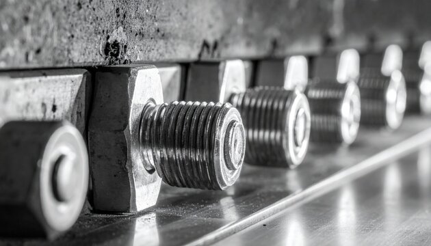Close-up of industrial metal bolts and nuts in a grayscale, macro detail view