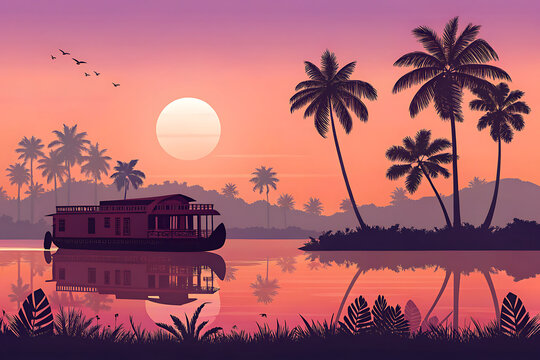 Smooth gradient vector of a Kerala houseboat on backwaters. Palm tree reflections  deep orange and purple sunset  calm water  modern silhouettes.