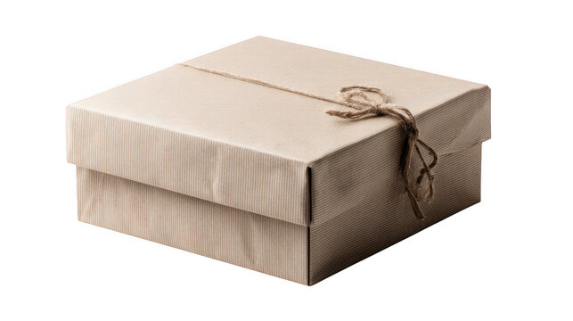 Paper gift box wrapped in kraft paper and tied with twine rests on a clean surface.