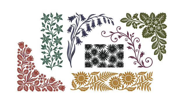 Vintage floral border and corner elements vector set with linocut textured flowers leaves borders and decorative frame ornaments