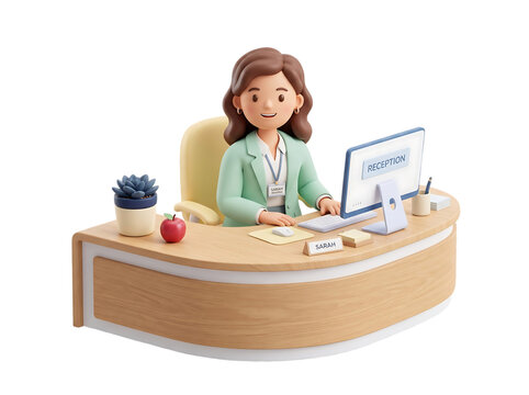 3d illustration of a female receptionist sarah at a wooden desk isolated on transparent background