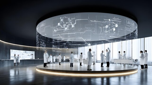 laboratory with transparent incubation chambers and neon molecular projections, cutting edge scientific atmosphere