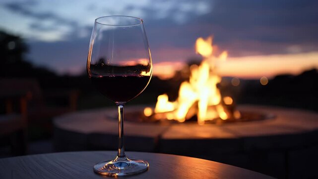 A glass of red wine sits on a table in front of a glowing fire pit at sunset