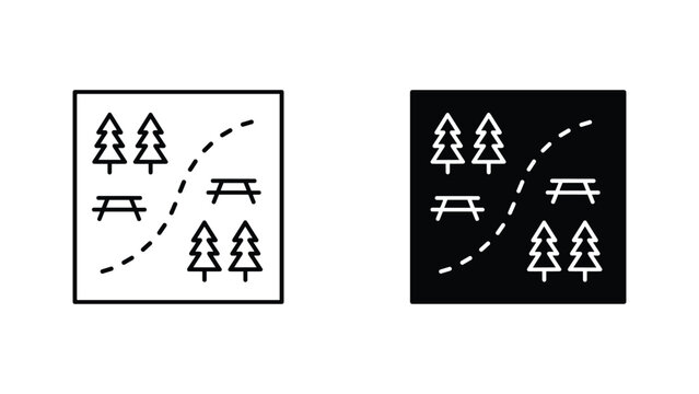 Forest park map icon set with picnic tables and hiking trail path for outdoor recreation navigation