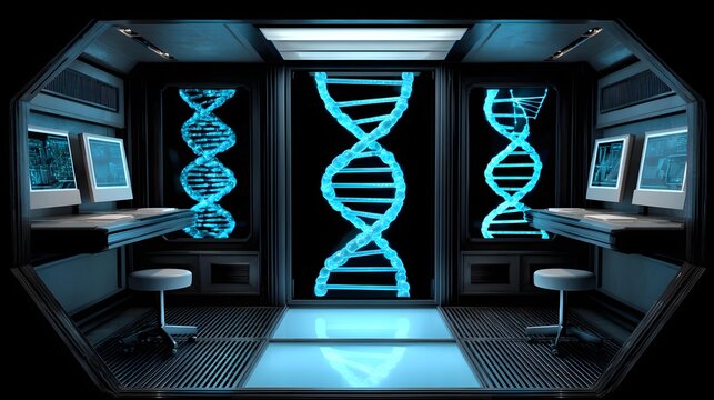 engineering laboratory with illuminated DNA chambers and advanced biotechnology workstations