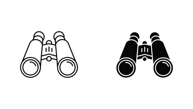 Professional binoculars icon in minimalist outline and solid black style for exploration concepts