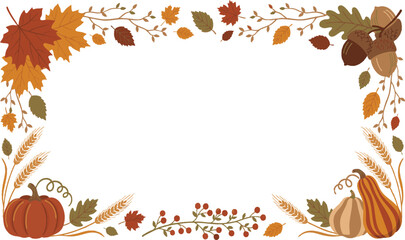 Fototapeta premium Autumn Decorative Background with Fall Leaves Pumpkin and Acorns Vector