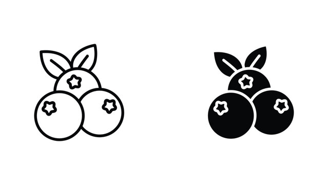 Healthy blueberry fruit icon set featuring stylized berries in line and solid black design styles