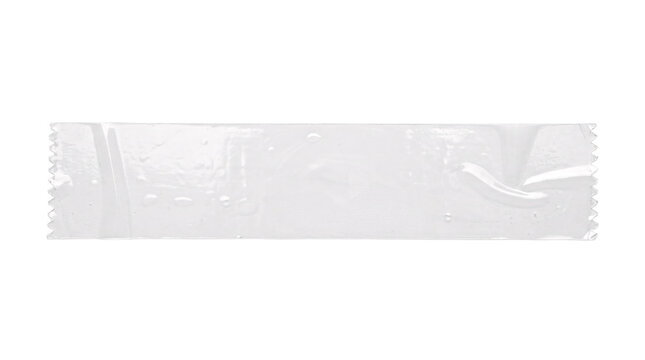 Adhesive white tape strip with textured plastic material.